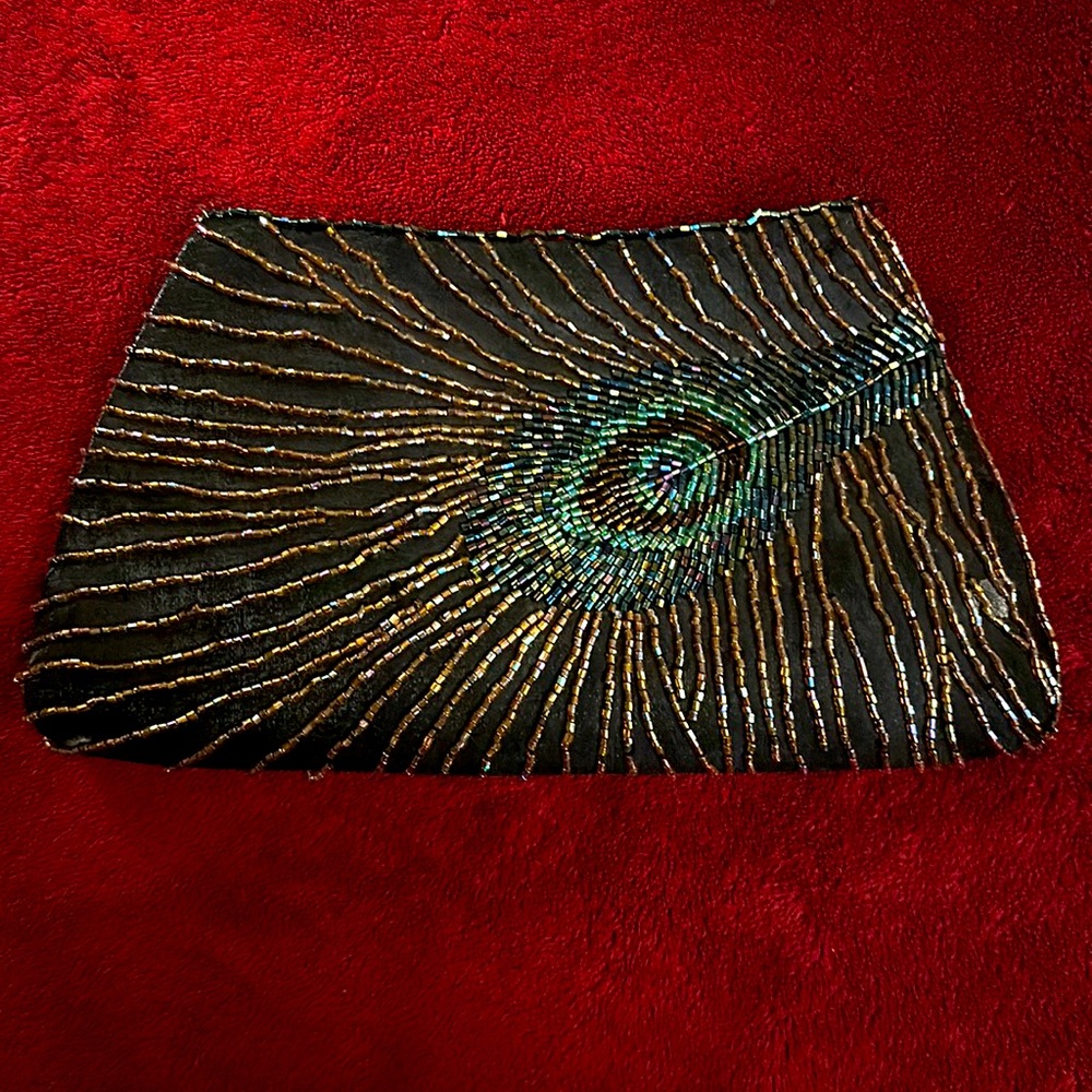 CATO beaded peacock design clutch, 5” x 10” satin back & lining, brown/blue bead